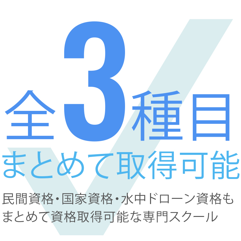 全３種類まとめて取得可能 民間資格・国家資格・水中ドローン資格もまとめて取得可能な専門スクール